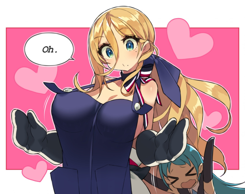 &gt;_&lt; 2girls apron blonde_hair blue_apron blue_eyes blue_hair closed_eyes commentary_request cowboy_shot dress hair_between_eyes heart itsumo_nokoru kantai_collection long_hair mole mole_under_eye mole_under_mouth multicolored multicolored_clothes multicolored_dress multiple_girls oven_mitts pink_background pushing richelieu_(kantai_collection) samidare_(kantai_collection) school_uniform serafuku solo_focus speech_bubble strapless strapless_dress two-tone_background