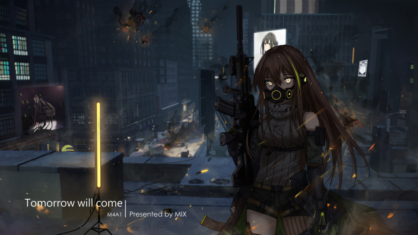 1girl arm_guards armband artist_name assault_rifle bangs black_shorts breasts brown_hair building cello character_name city cityscape clothes_around_waist explosion eyebrows_visible_through_hair fire gas_mask girls_frontline gloves glowing glowing_eyes glowstick green_hair gun hair_between_eyes headphones highres holding holding_gun holding_weapon instrument jacket jacket_around_waist lamppost lights long_hair looking_at_viewer m4_carbine m4a1_(girls_frontline) mod3_(girls_frontline) multicolored_hair multiple_views night piano ribbed_legwear ribbed_sweater rifle rooftop scarf screen short_shorts shorts sidelocks single_thighhigh skull_print strap streaked_hair sweater sweater_vest thigh-highs weapon yuuki_mix
