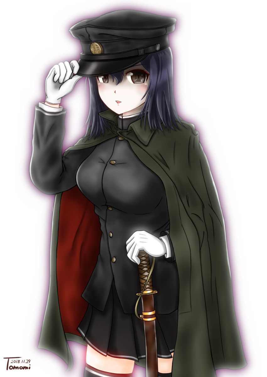 1girl akitsu_maru_(kantai_collection) black_hair black_hat blush breasts cloak gloves grey_eyes hat highres holding kantai_collection large_breasts looking_at_viewer military military_hat military_uniform open_mouth pale_skin peaked_cap pleated_skirt remodel_(kantai_collection) short_hair simple_background skirt solo sword uniform uratomomin weapon white_background white_gloves