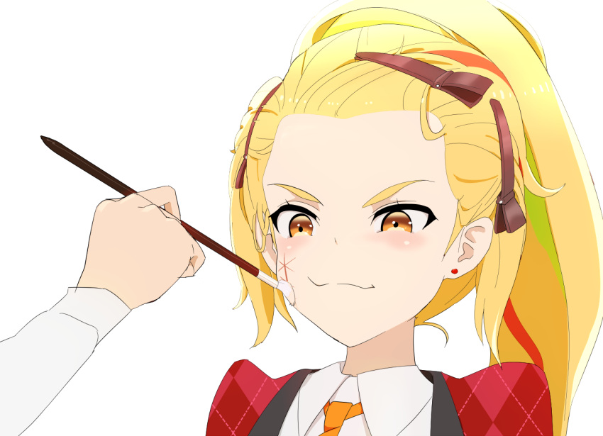 applying_makeup argyle blonde_hair collar earrings facial_scar hair_ornament hairclip holding_brush jewelry long_hair makeup_brush multicolored_hair nikaidou_saki pettan ponytail scar smile streaked_hair stud_earrings v-shaped_eyebrows zombie_land_saga