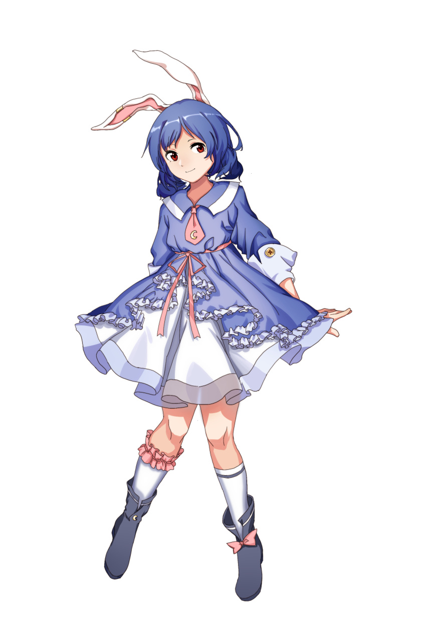 1girl absurdres alternate_costume animal_ears blue_dress blue_footwear blue_hair boots bow crescent dress full_body furahata_gen highres leg_garter long_sleeves looking_at_viewer necktie outstretched_arm pink_neckwear rabbit_ears red_eyes seiran_(touhou) shoe_bow shoes simple_background smile socks solo standing touhou white_background white_legwear