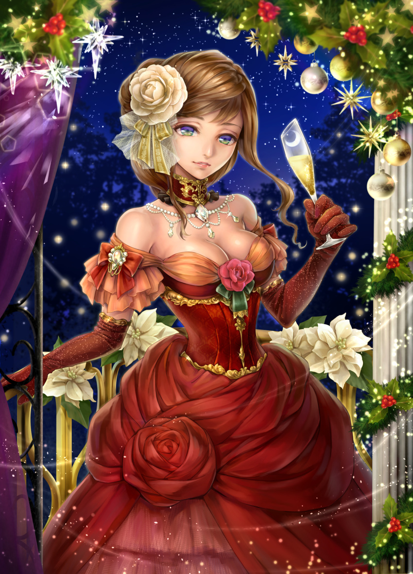 1girl absurdres bare_shoulders blue_eyes bow breasts brown_hair champagne_flute cleavage copyright_request crescent_moon cup curtains detached_collar dress drinking_glass elbow_gloves flower gem gloves hair_flower hair_ornament highres holding holding_cup holly jewelry koizumi_(sucseed) looking_at_viewer moon necklace night night_sky official_art ornament pink_flower red_bow red_dress red_gloves sky solo standing star_(sky) starry_sky white_flower