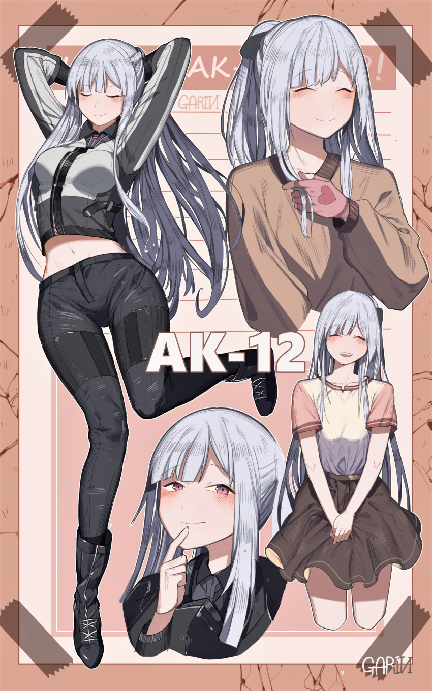 1girl :d absurdres ak-12_(girls_frontline) arms_behind_head artist_name bangs black_footwear black_gloves black_pants black_ribbon blouse blush boots braid breasts brown_skirt casual closed_eyes closed_mouth eyebrows_visible_through_hair finger_to_mouth fingerless_gloves french_braid garin girls_frontline gloves hair_ribbon heart highres jacket leg_up long_hair long_sleeves looking_at_viewer medium_breasts midriff multiple_views open_mouth pants ribbon sidelocks silver_hair skirt smile smug very_long_hair violet_eyes