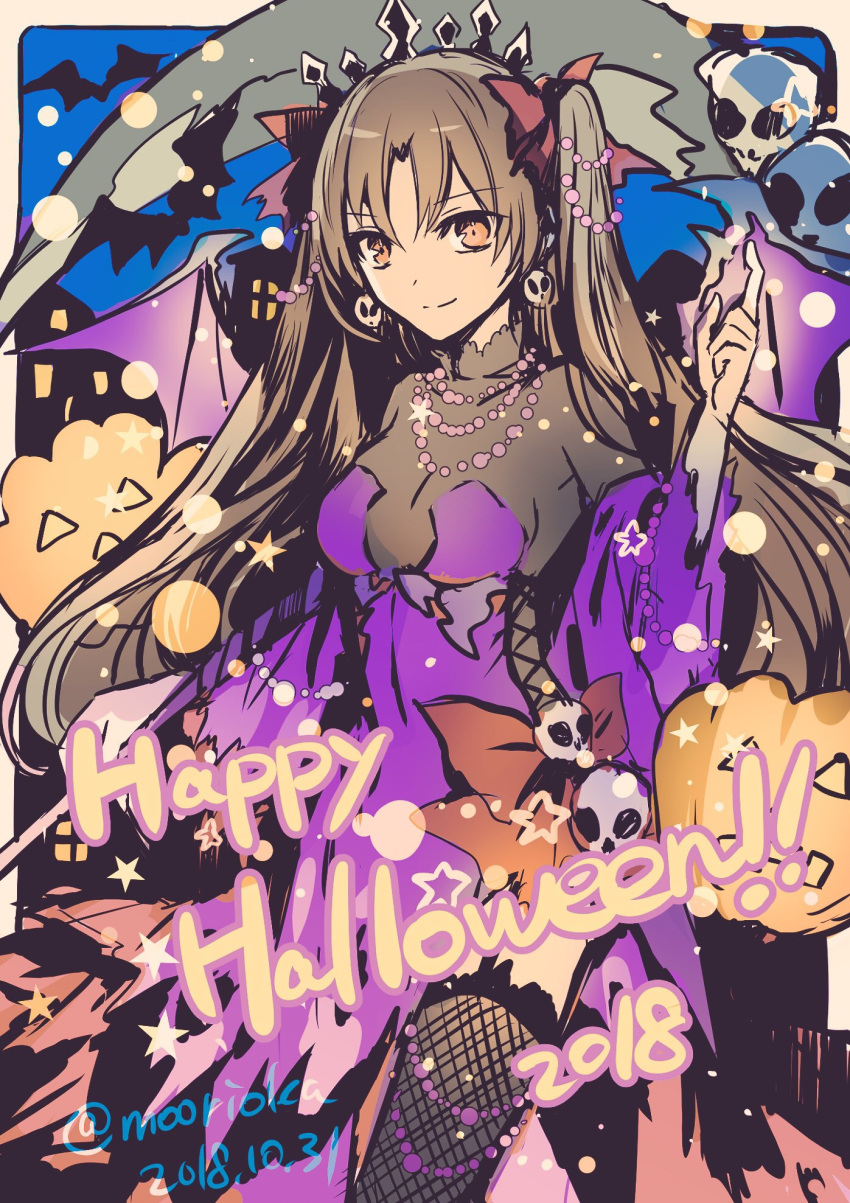 bangs black_hair bow breasts closed_mouth crown dated dress earrings english fate/grand_order fate_(series) hair_bow halloween halloween_costume hand_up happy_halloween highres ishtar_(fate/grand_order) jack-o'-lantern jewelry long_hair long_sleeves looking_at_viewer medium_breasts necklace orange_eyes parted_bangs pumpkin purple_dress red_bow rioka_(southern_blue_sky) scythe skull skull_earrings smile standing twitter_username two_side_up very_long_hair