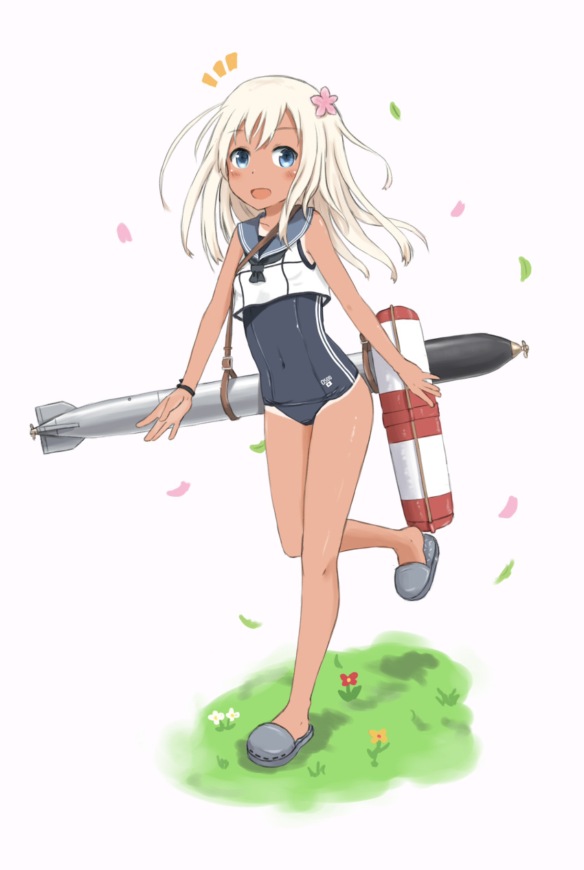 1girl absurdres bangs bare_legs bare_shoulders blonde_hair blue_eyes blush bracelet commentary covered_navel crop_top dabozero eyebrows_visible_through_hair flower hair_between_eyes hair_flower hair_ornament highres jewelry kantai_collection leaf lifebuoy long_hair looking_at_viewer navel neckerchief one-piece_swimsuit one-piece_tan open_mouth petals ro-500_(kantai_collection) sailor_collar school_swimsuit school_uniform serafuku simple_background slippers smile solo standing swimsuit swimsuit_under_clothes tan tanline torpedo white_background