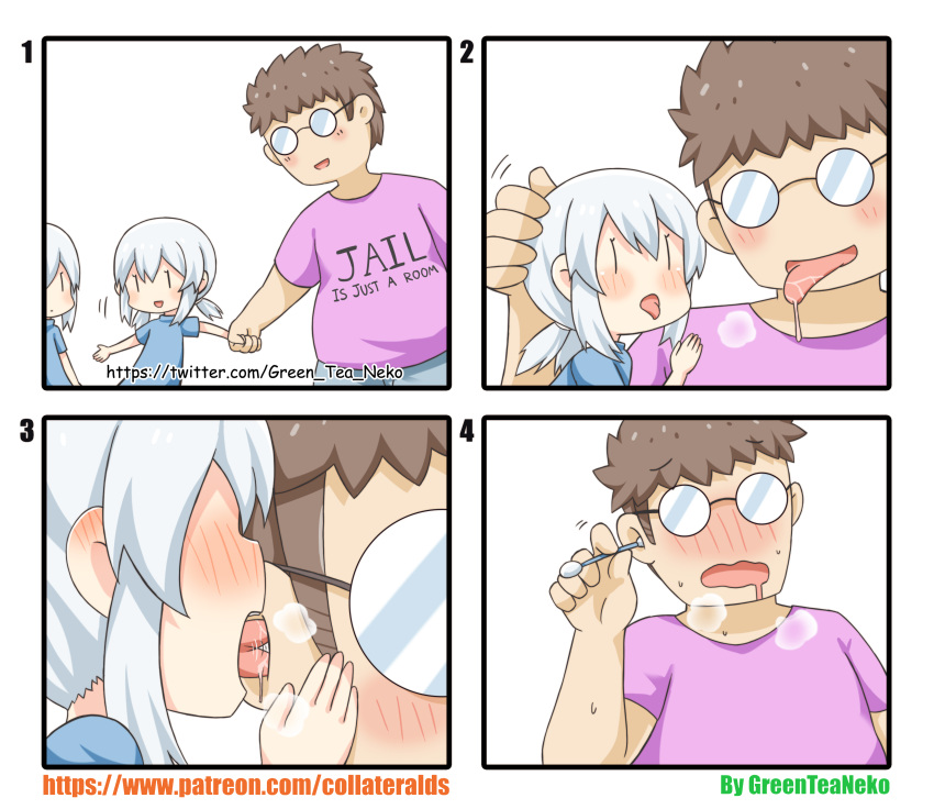 1boy 2girls :d absurdres blue_shirt blush brown_hair comic commentary_request cotton_swab ear_licking english glasses greenteaneko hand_holding highres holding licking low_twintails multiple_girls nose_blush numbered_panels opaque_glasses open_mouth original patreon_username personification pink_shirt saliva shirt short_sleeves silver_hair smile sweat torogao twintails twitter_username watermark web_address white_background |_|
