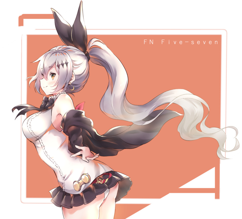 1girl ass bangs bare_shoulders black_jacket black_ribbon black_skirt blush breasts brown_eyes character_name closed_mouth commentary eyebrows_visible_through_hair five-seven_(girls_frontline) girls_frontline grey_hair hair_between_eyes hair_ornament hair_ribbon high_ponytail jacket large_breasts leaning_forward long_hair melings_(aot2846) miniskirt off_shoulder panties pleated_skirt ponytail ribbon shirt skirt smile solo standing underwear very_long_hair white_panties white_shirt