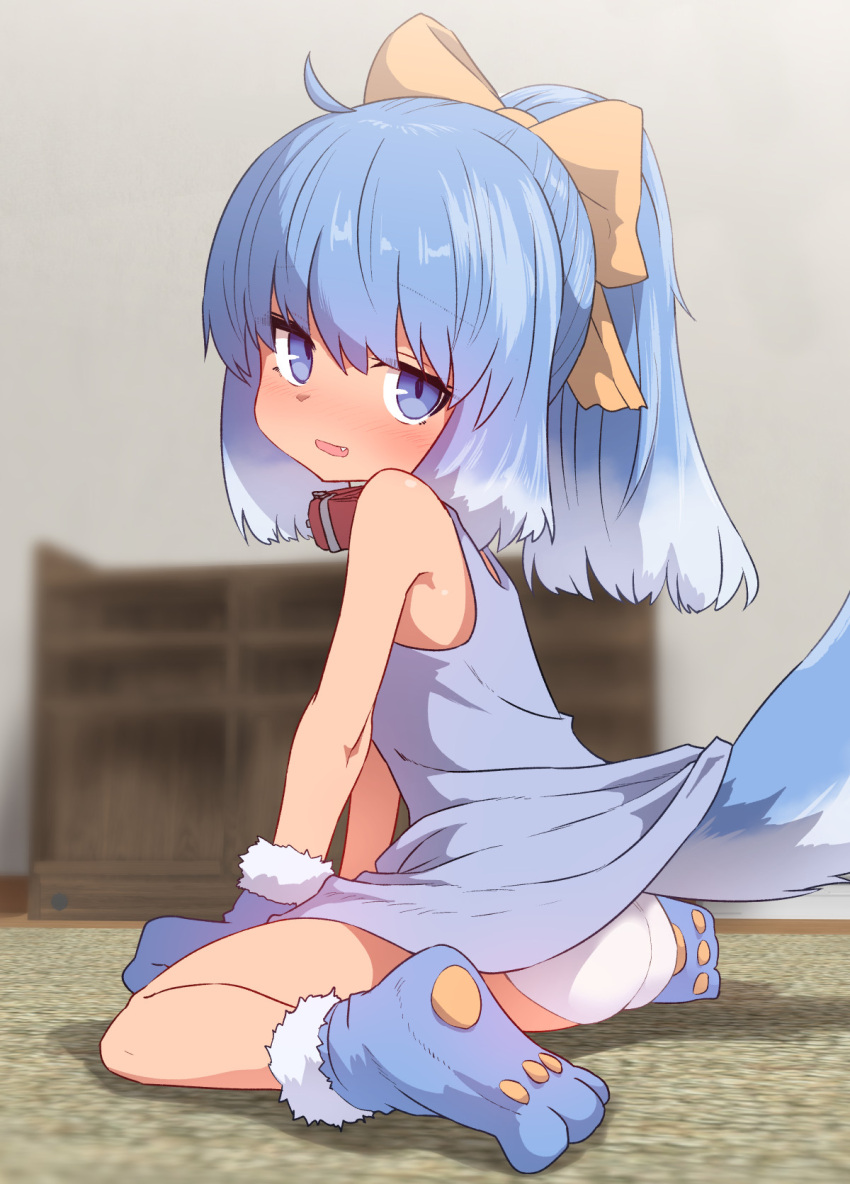 1girl ahoge ass blue_dress blue_eyes blue_hair blurry blurry_background blush bow closed_mouth collar depth_of_field dog_collar dog_tail dress embarrassed eyebrows_visible_through_hair from_side gloves gradient_hair hair_bow highres inu-t long_hair looking_back multicolored_hair open_mouth os-tan panties paw_gloves paw_shoes paws ponytail shoes solo sumiyao_(amam) tail tail_raised underwear white_hair yellow_bow