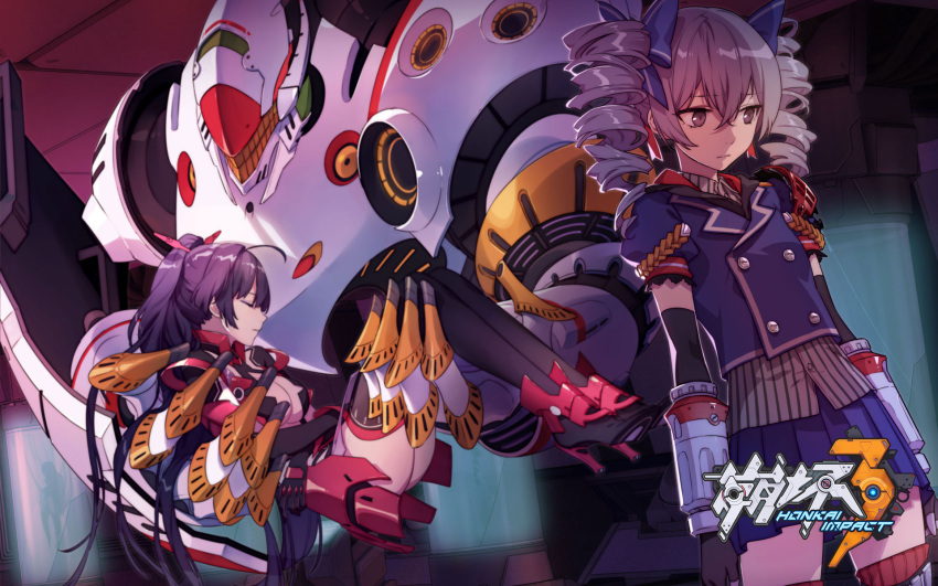 2girls bronya_zaychik carrying closed_eyes drill_hair elbow_gloves gloves grey_eyes hair_ribbon highres honkai_impact long_hair mecha multiple_girls official_art ponytail princess_carry raiden_mei ribbon skirt thigh-highs twin_drills very_long_hair