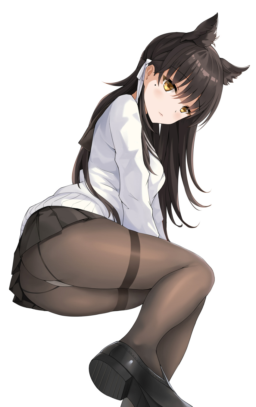 1girl absurdres animal_ear_fluff animal_ears ass atago_(azur_lane) azur_lane bangs black_footwear black_hair black_legwear black_sailor_collar black_skirt blush breasts closed_mouth commentary expressionless eyebrows_visible_through_hair from_side hair_ribbon highres loafers long_hair long_sleeves looking_at_viewer lying medium_breasts miniskirt mole mole_under_eye on_side panties panties_over_pantyhose pantyhose pleated_skirt qianqiu_wanxia ribbon sailor_collar shirt shoes simple_background skirt solo thighband_pantyhose underwear white_background white_ribbon white_shirt yellow_eyes