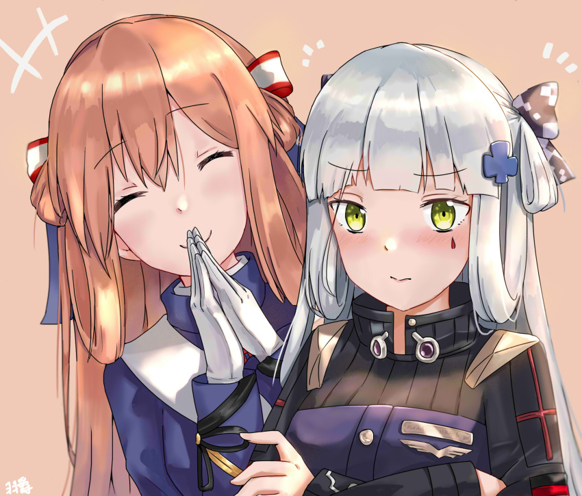 2girls alternate_hairstyle artist_request assault_rifle brown_hair closed_mouth girls_frontline gloves green_eyes gun hair_ribbon heckler_&amp;_koch highres hk416 m1903_springfield_(girls_frontline) military military_uniform multiple_girls ribbon rifle silver_hair smile twintails uniform weapon