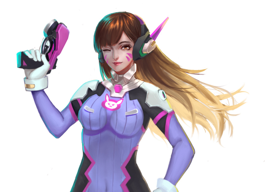 1girl animal_print bangs blue_bodysuit bodysuit brown_hair bunny_print commentary d.va_(overwatch) facepaint facial_mark gun headphones holding holding_gun holding_weapon long_hair nose one_eye_closed overwatch pilot_suit pink_lips riyu_(gauzama) shoulder_pads skin_tight solo swept_bangs weapon whisker_markings