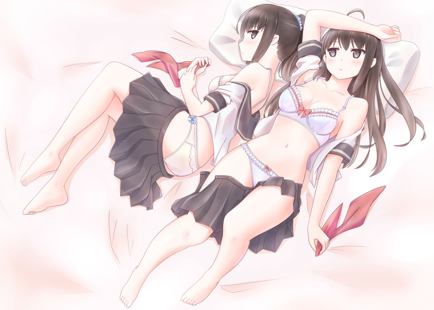 2girls :o ahoge arm_up bangs barefoot bed_sheet black_eyes black_hair black_skirt blouse blue_scrunchie bow bow_bra bow_panties bra breasts closed_mouth clothes_removed commentary_request eyebrows_visible_through_hair frilled_bra frilled_panties frills hair_ornament hair_scrunchie highres holding_neckwear kamakama_(kdmorh_kamakama) lace lace-trimmed_bra lace-trimmed_panties legs light_blush light_frown long_hair looking_at_another looking_at_viewer looking_back lying miniskirt multiple_girls navel neckerchief on_back on_bed on_side open_clothes open_skirt original panties partial_commentary pillow pleated_skirt ponytail purple_bra purple_panties red_neckwear school_uniform scrunchie serafuku shirt_pull skirt skirt_pull small_breasts underwear white_blouse white_bra white_panties yuri