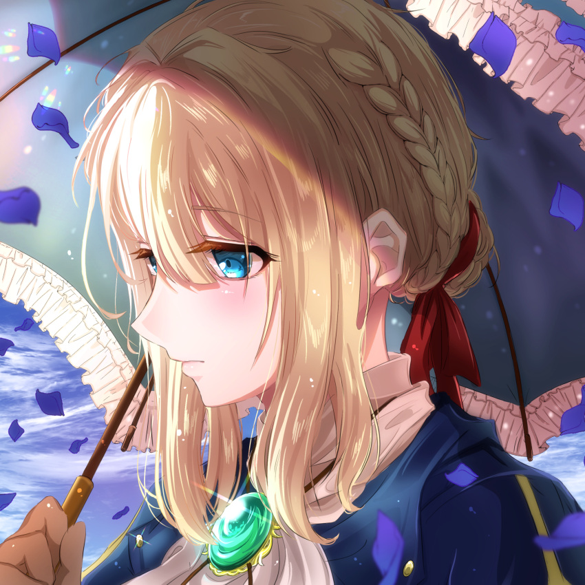 1girl bangs blonde_hair blue_eyes blue_jacket blush bouquetforangel braid brooch brown_gloves close-up closed_mouth commentary_request face falling_petals gloves hair_between_eyes hair_bun hair_intakes hair_ribbon highres holding holding_umbrella jacket jewelry necklace parasol petals red_ribbon ribbon sidelocks umbrella violet_evergarden violet_evergarden_(character) white_neckwear