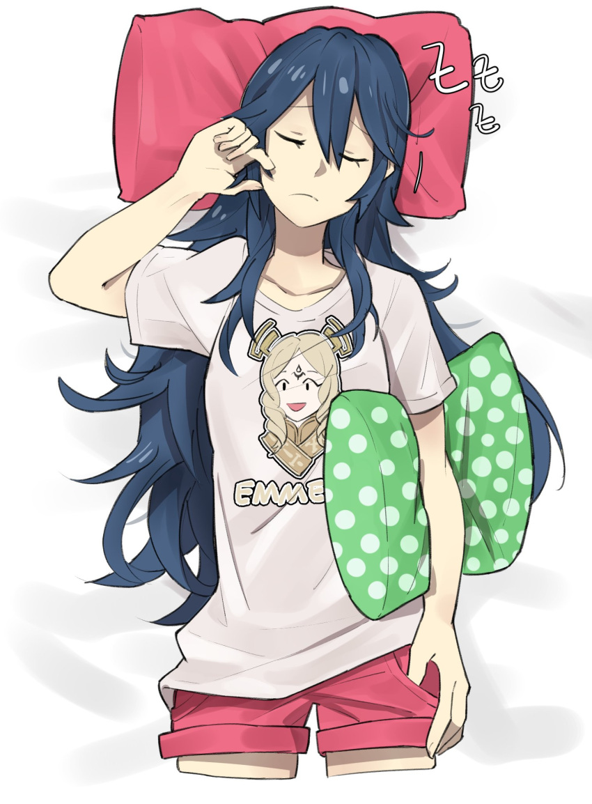 1girl bed blonde_hair blue_hair closed_eyes closed_mouth cute ebinku fire_emblem fire_emblem:_kakusei highres long_hair lucina nintendo shirt shorts simple_background sleeping solo