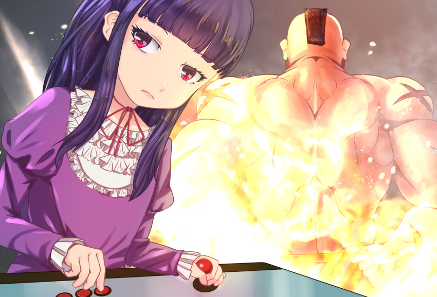 1boy 1girl bangs blunt_bangs controller dress facing_away frown hands_on_hips high_score_girl ikanan joystick long_hair long_sleeves looking_at_viewer mohawk muscle oono_akira pink_eyes puffy_long_sleeves puffy_sleeves purple_dress scar shirtless sidelocks standing street_fighter zangief