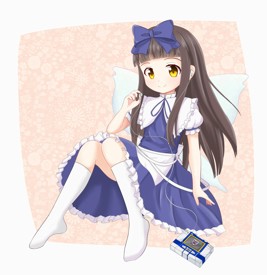 1girl absurdres apron blue_dress bow brown_eyes brown_hair cassette_player commentary_request decepticon dress earphones fairy fairy_wings hair_bow highres kneehighs knees_together_feet_apart long_hair p.w. ribbon sitting smile soundwave star_sapphire touhou transformers waist_apron white_legwear wings