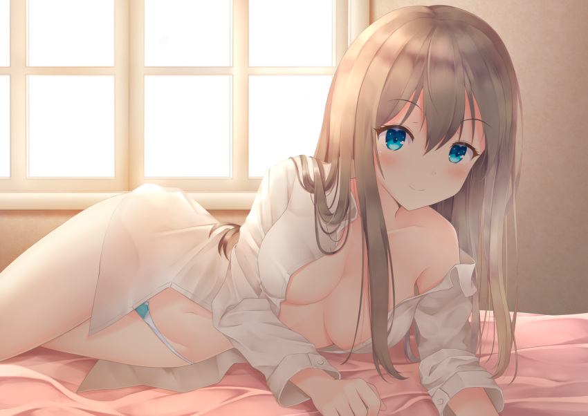 1girl arm_support bangs bed bed_sheet blue_eyes blush breasts brown_hair cleavage collarbone cowboy_shot eyebrows_visible_through_hair hair_between_eyes indoors long_hair looking_at_viewer lowleg lowleg_panties lying medium_breasts navel no_bra no_pants on_side open_clothes original panties shi6kurutto shirt smile solo underwear white_panties white_shirt window