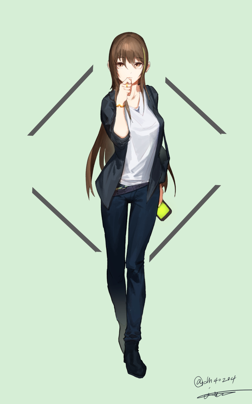 1girl absurdres alternate_costume bangs belt black_footwear black_jacket blue_pants bracelet breasts brown_eyes brown_hair casual cellphone closed_mouth collarbone expressionless eyebrows_visible_through_hair full_body girls_frontline green_background green_hair hair_between_eyes hand_on_own_chin hand_up highres holding holding_phone jacket jewelry junexp long_hair long_sleeves looking_up m4a1_(girls_frontline) medium_breasts multicolored_hair open_clothes open_jacket pants phone ring shirt shoes sidelocks signature sleeves_pushed_up smartphone solo standing streaked_hair twitter_username white_shirt wing_collar