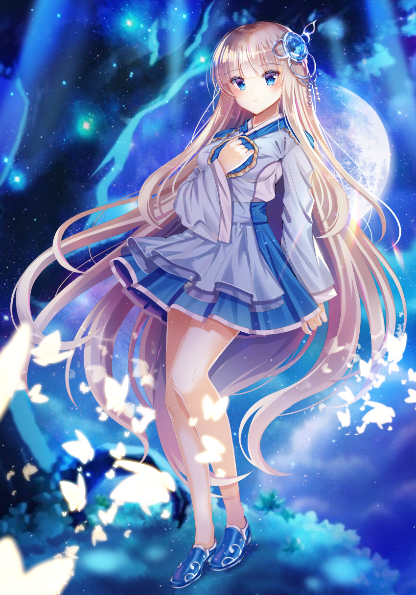 1girl absurdres bangs blonde_hair blue_eyes blue_footwear blue_skirt breasts bug butterfly commentary commission ecu8080 eyebrows_visible_through_hair fingernails full_body full_moon hair_between_eyes hair_ornament hand_on_own_chest hand_up head_tilt highres huge_filesize insect long_hair long_sleeves looking_at_viewer medium_breasts moon original pleated_skirt shirt shoes skirt solo standing star_(sky) very_long_hair white_shirt wide_sleeves