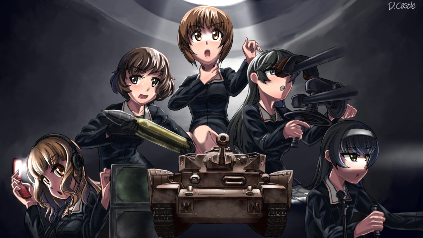 5girls akiyama_yukari black_eyes black_hair breasts brown_eyes brown_hair caterpillar_tracks cellphone dragoncastle girls_und_panzer ground_vehicle hairband headphones highres isuzu_hana long_hair military military_vehicle motor_vehicle multiple_girls nishizumi_miho ooarai_military_uniform panzerkampfwagen_iv phone reizei_mako short_hair takebe_saori tank tank_shell