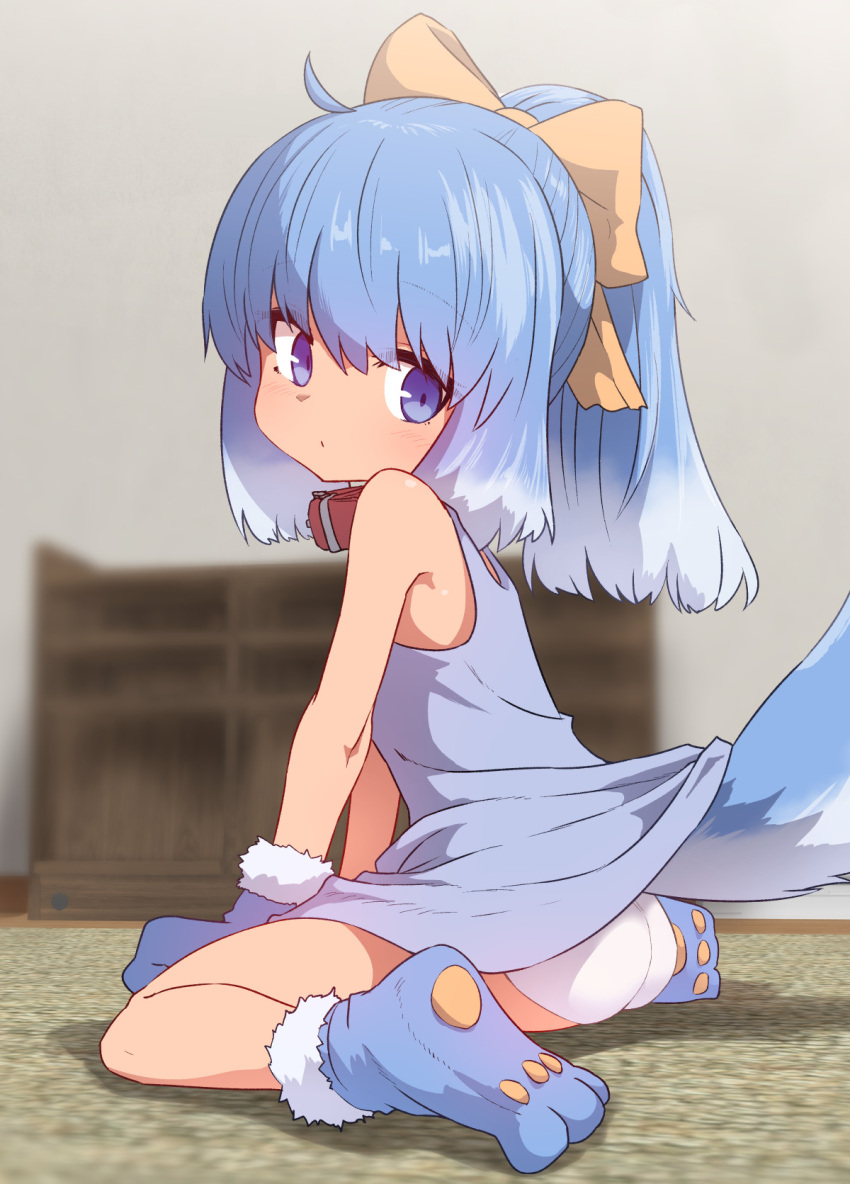 1girl ahoge ass blue_dress blue_eyes blue_hair blurry blurry_background blush bow closed_mouth collar depth_of_field dog_collar dog_tail dress eyebrows_visible_through_hair from_side gloves gradient_hair hair_bow highres inu-t long_hair looking_back multicolored_hair os-tan panties paw_gloves paw_shoes paws ponytail shoes solo sumiyao_(amam) tail tail_raised underwear white_hair yellow_bow