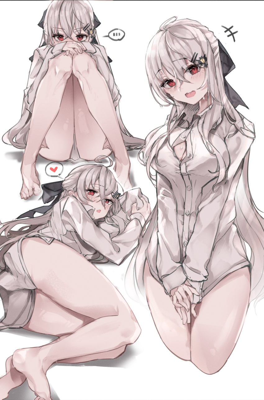 ... 1girl absurdres anparu bangs bare_legs blush bow collared_shirt covered_mouth covering covering_crotch cropped_legs eyebrows_visible_through_hair girls_frontline hair_between_eyes hair_ornament hair_ribbon hairclip hands_on_own_knees heart highres iws-2000_(girls_frontline) knees_up long_hair looking_at_viewer naked_shirt open_mouth red_eyes ribbon shirt sidelocks silver_hair sitting spoken_ellipsis spoken_heart sweat thighs white_shirt