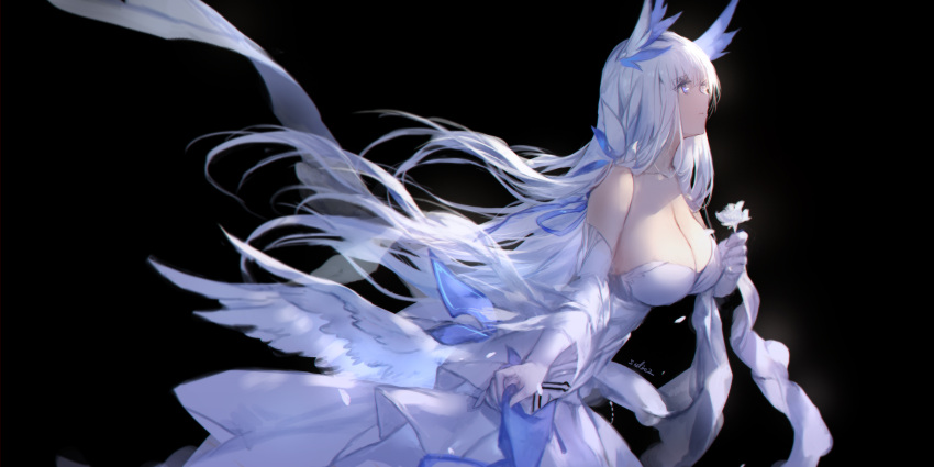 1girl azur_lane bare_shoulders black_background blue_ribbon breasts cleavage closed_mouth dress elbow_gloves feathered_wings flower gloves hair_ribbon highres holding holding_flower illustrious_(azur_lane) large_breasts long_hair looking_away low_wings profile ribbon silver_hair simple_background solo strapless strapless_dress swd3e2 very_long_hair violet_eyes white_dress white_flower white_gloves white_wings wings