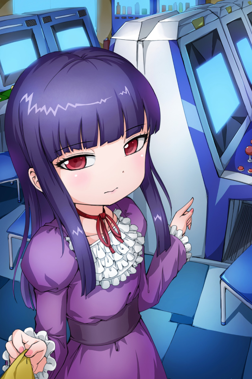 1girl arcade arcade_cabinet black_hair chair clothes_pull crazypen dress frills high_score_girl highres indoors long_hair long_sleeves looking_at_viewer neck_ribbon oono_akira pointing puffy_long_sleeves puffy_sleeves purple_dress red_eyes red_ribbon ribbon tile_floor tiles white_neckwear