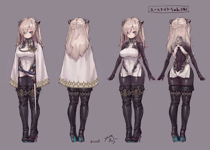 1girl blonde_hair blue_eyes bodystocking bodysuit boots character_sheet high_heels long_hair original pose solo suzuno_(bookshelf) thigh-highs thigh_boots tunic