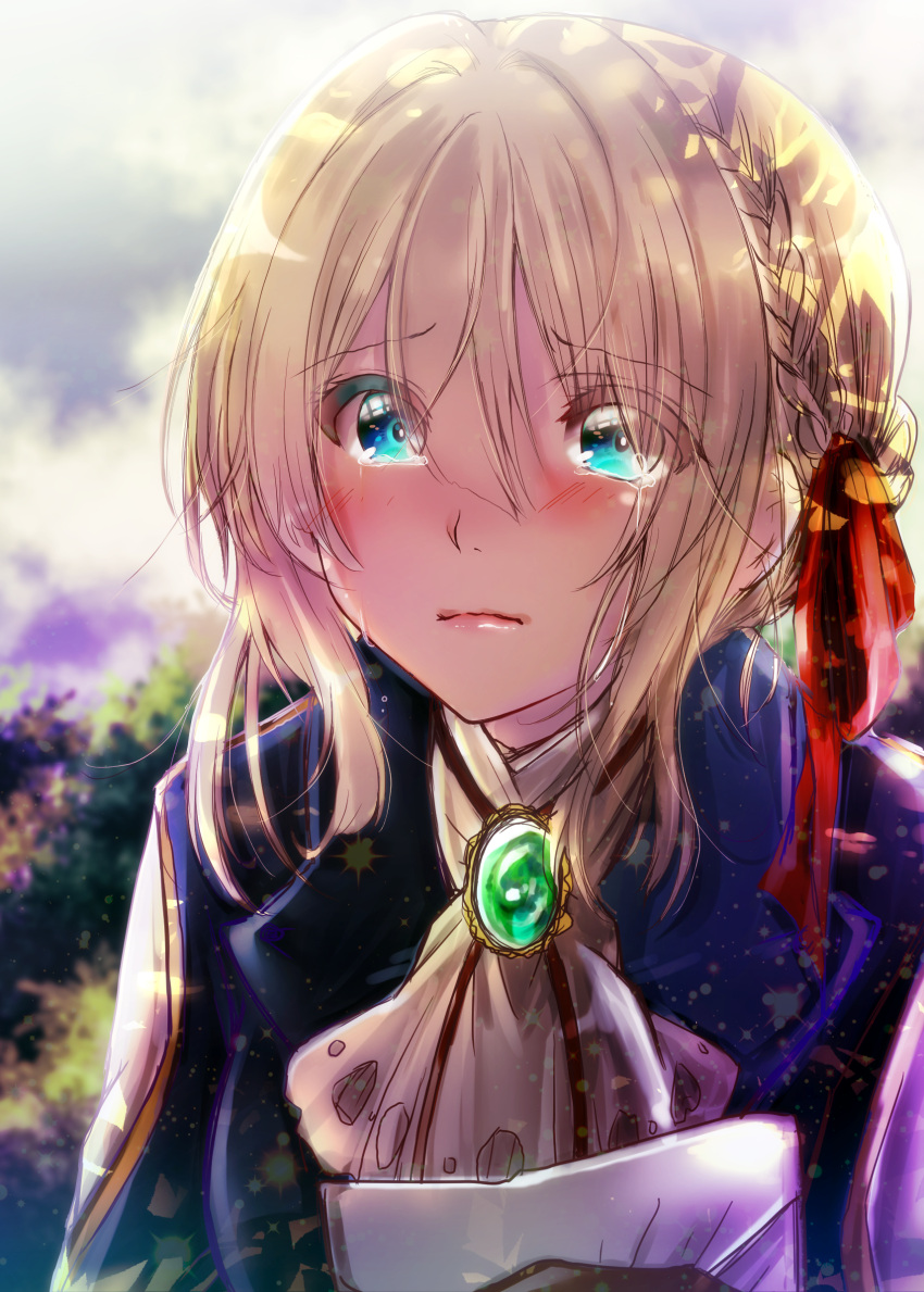 1girl bangs blonde_hair blue_eyes blue_jacket blush braid brooch brown_gloves closed_mouth crying crying_with_eyes_open eyebrows_visible_through_hair face facing_viewer gloves hair_between_eyes hair_ribbon highres holding holding_paper jacket jewelry necklace paper red_ribbon ribbon shimotsukishin sidelocks tears violet_evergarden violet_evergarden_(character) wavy_mouth white_neckwear