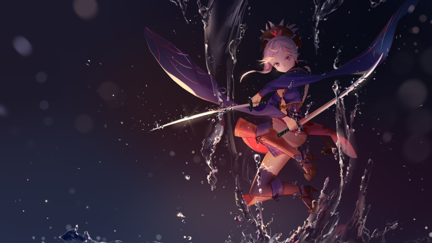 1girl absurdres blue_legwear breasts cleavage detached_sleeves dual_wielding fate/grand_order fate_(series) floating_hair full_body hair_ornament high_ponytail highres holding holding_sword holding_weapon katana leiq long_hair long_sleeves medium_breasts miyamoto_musashi_(fate/grand_order) purple_sleeves silver_hair solo sword thigh-highs violet_eyes water weapon wide_sleeves