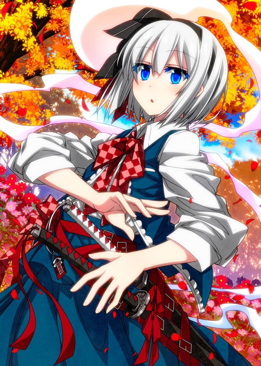 1girl autumn autumn_leaves bangs belt black_ribbon blue_eyes blue_skirt blue_sky blue_vest clouds collared_shirt colored_eyelashes commentary_request day dutch_angle flower hair_between_eyes hair_ribbon highres konpaku_youmu konpaku_youmu_(ghost) outdoors petals pink_flower purple_flower red_belt red_flower ribbon sazanami_mio sheath shirt short_hair silver_hair skirt skirt_set sky sleeves_rolled_up solo sword touhou tree vest weapon white_shirt wing_collar