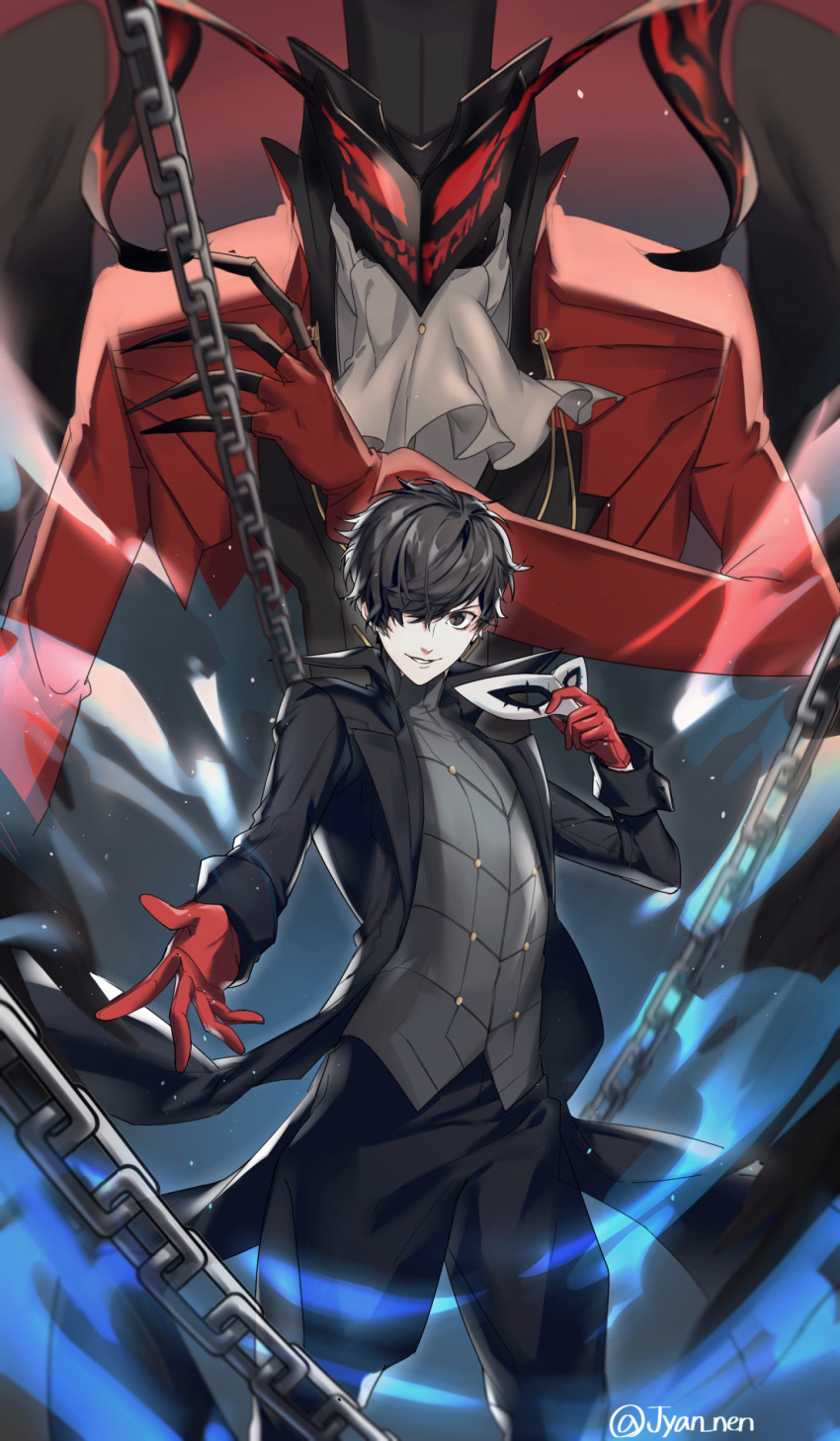 absurdres amamiya_ren arsene_(persona_5) black_coat black_eyes black_hair black_pants chains gloves hair_over_one_eye highres holding holding_mask looking_at_viewer mask pants persona persona_5 red_gloves standing