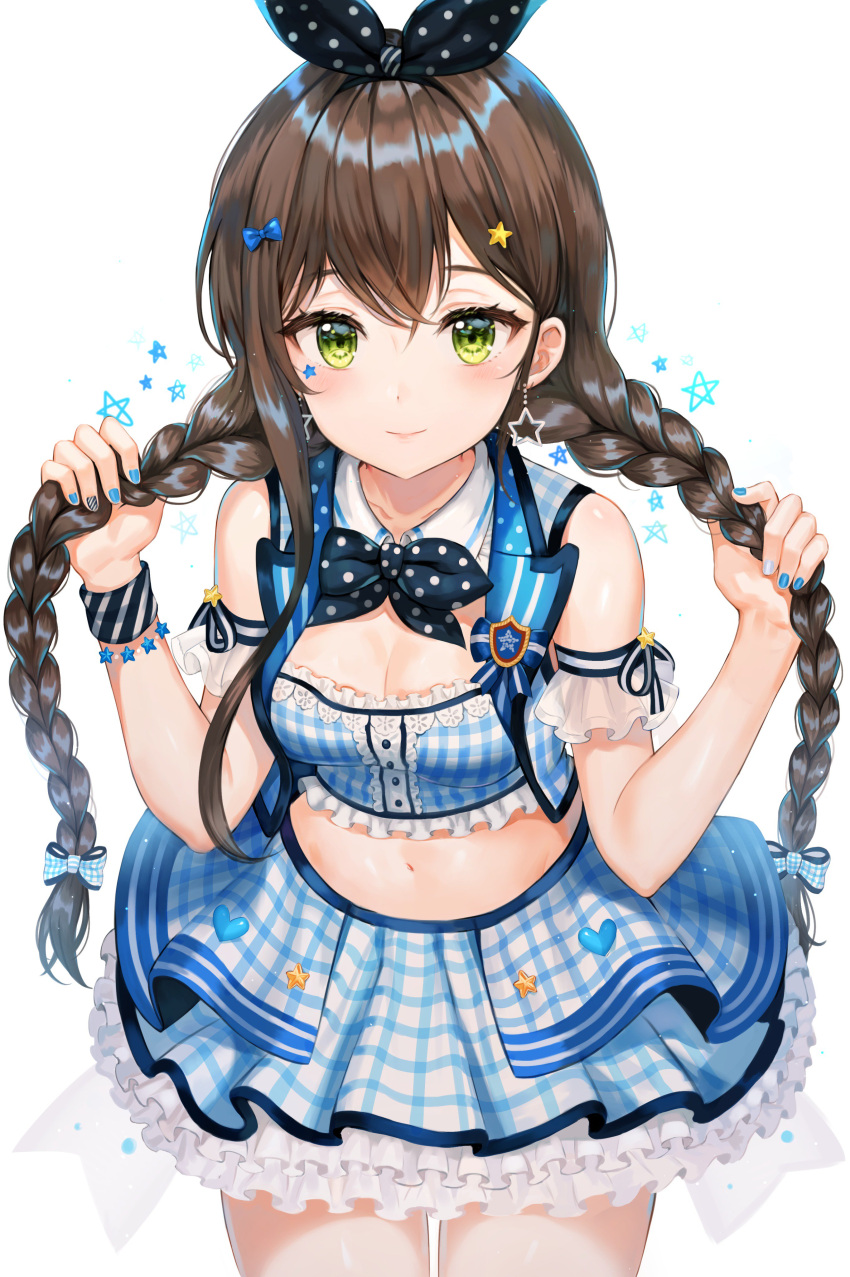 1girl absurdres arm_garter bang_dream! bangs bare_shoulders black_neckwear blue_bow blue_nails blue_shirt blue_skirt blue_vest blush bow bowtie braid breasts brown_hair checkered cleavage closed_mouth collarbone cowboy_shot crop_top cropped_vest detached_collar facial_mark frilled_shirt frilled_skirt frills green_eyes groin hair_bow hair_ornament hairband hanazono_tae hands_up highres holding holding_hair layered_skirt leaning_forward long_hair looking_at_viewer medium_breasts midriff miniskirt multicolored multicolored_nails nail_polish navel plaid plaid_skirt polka_dot polka_dot_bow shiny shiny_hair shirt sidelocks simple_background skirt sleeveless sleeveless_shirt smile solo standing star star_hair_ornament striped tokkyu_(user_mwwe3558) twin_braids twintails very_long_hair vest white_background white_nails wing_collar wristband