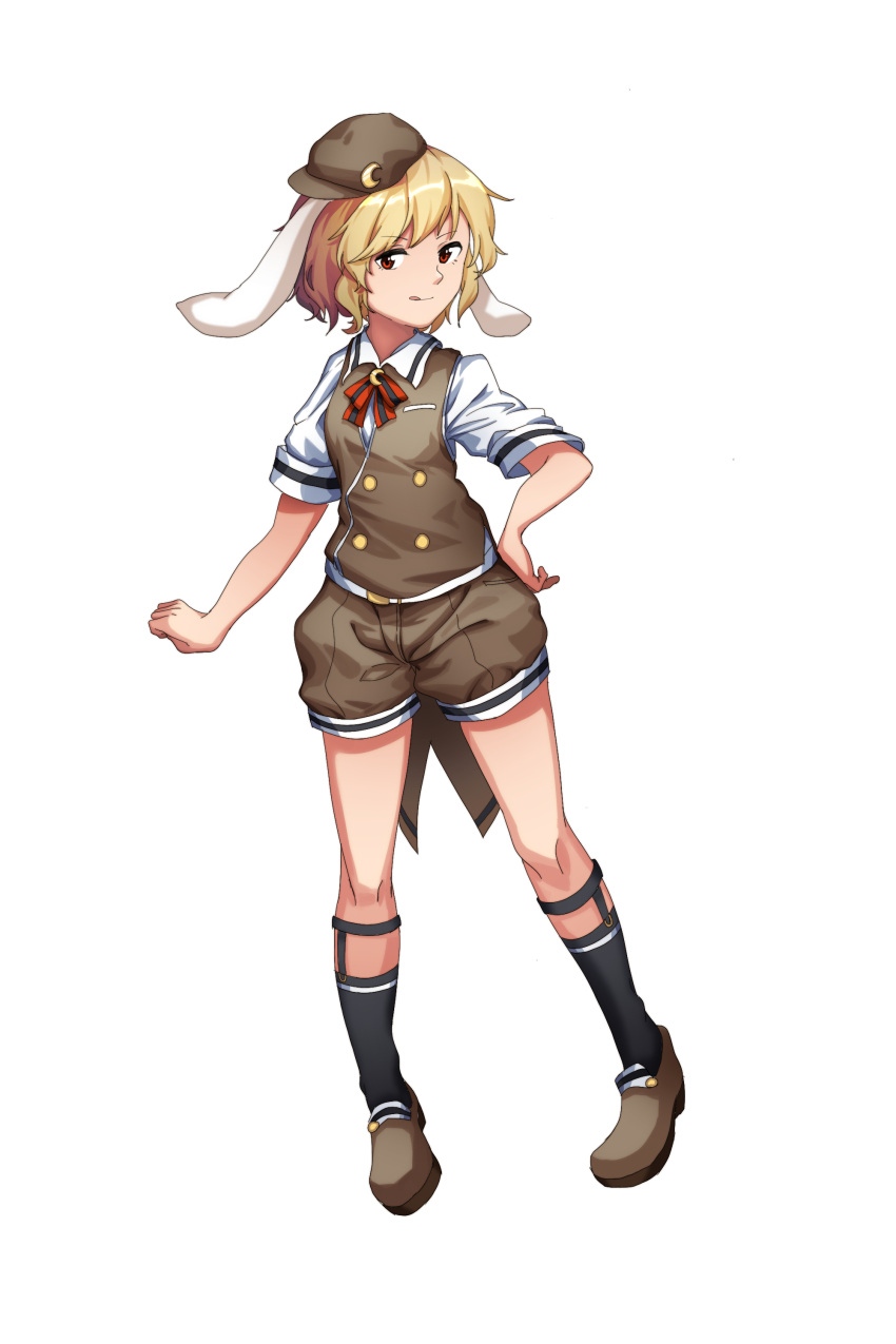 1girl absurdres alternate_costume animal_ears black_legwear blonde_hair brown_footwear brown_hat brown_shorts brown_vest buttons closed_mouth crescent eyebrows_visible_through_hair floppy_ears full_body furahata_gen hat highres licking_lips looking_at_viewer puffy_shorts rabbit_ears red_eyes red_neckwear ringo_(touhou) shoes short_hair shorts simple_background socks solo standing tongue tongue_out touhou vest white_background