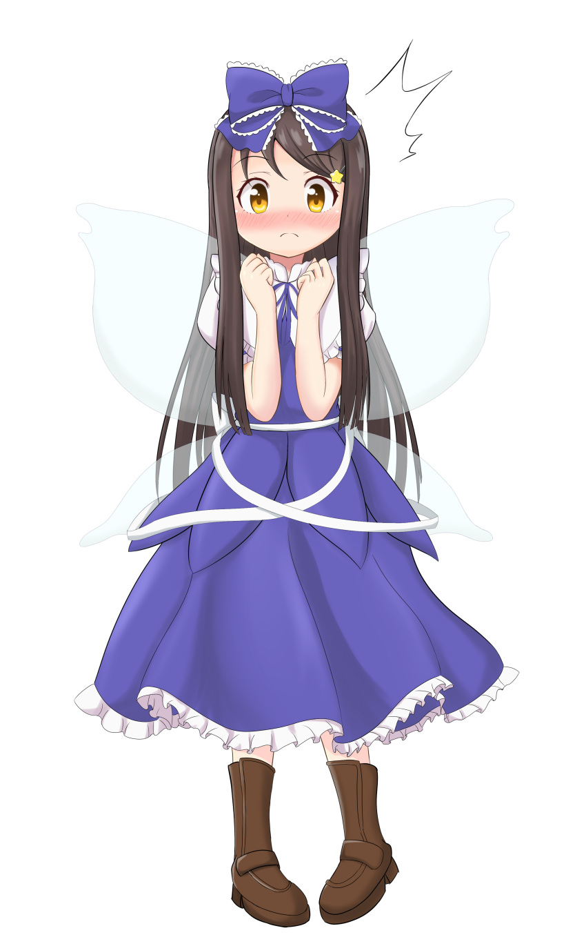 1girl absurdres black_hair blue_dress blush boots bow brown_eyes brown_footwear commentary_request dress fairy fairy_wings full_body hair_bow hair_ornament hairclip hand_to_own_mouth highres long_hair p.w. ribbon simple_background solo star_sapphire touhou white_background wings