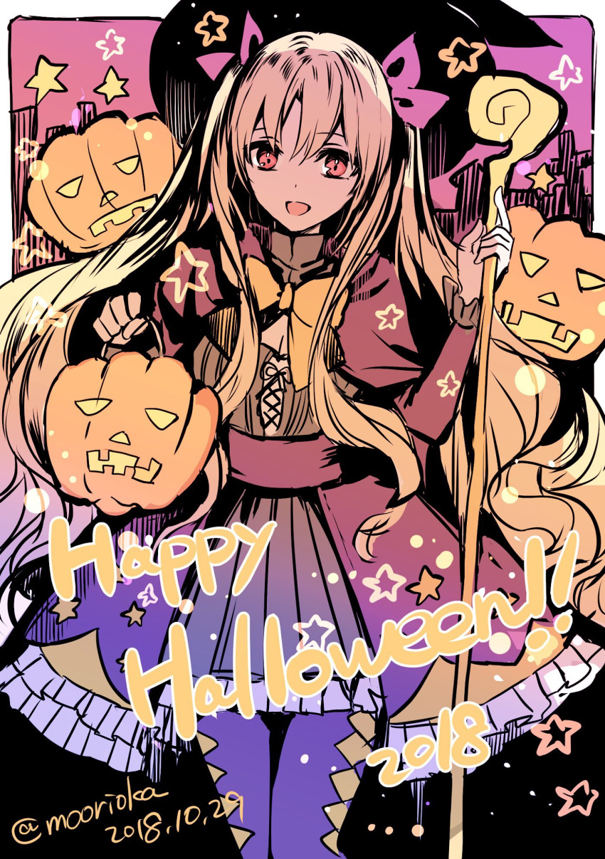 1girl :d blonde_hair bow bowtie cane dated dot_nose dress english ereshkigal_(fate/grand_order) eyebrows_visible_through_hair fate/grand_order fate_(series) hair_bow halloween halloween_costume happy_halloween highres holding jack-o'-lantern katsushika_hokusai_(fate/grand_order) legs_together looking_at_viewer open_mouth pantyhose pink_bow pumpkin purple_legwear red_dress red_eyes rioka_(southern_blue_sky) sash smile solo standing star twitter_username two_side_up yellow_neckwear