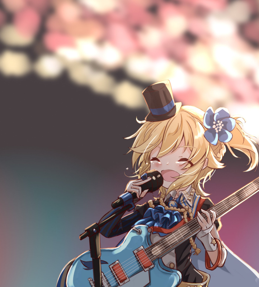 1girl alternate_costume asymmetrical_gloves crying girls_frontline gloves guitar hat highres idol_clothes instrument matsuo_(matuonoie) microphone music nagant_revolver_(girls_frontline) singing solo stage top_hat