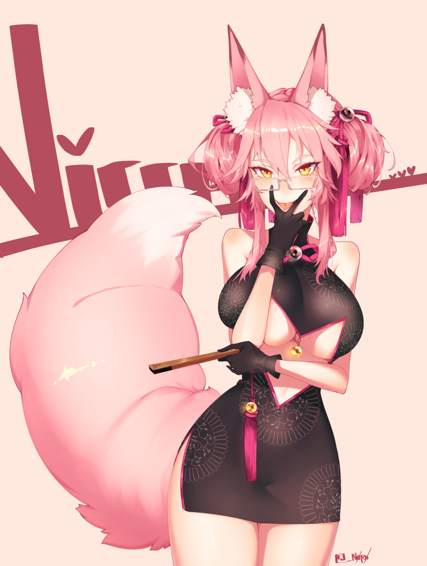 absurdres animal_ears black_gloves breasts fan fate/grand_order fate_(series) folding_fan fox_ears fox_girl fox_tail glasses gloves highres koyanskaya looking_at_viewer skelefuku tail tamamo_(assassin)_(fate) tamamo_(fate)_(all) tamamo_no_mae_(fate) tongue tongue_out under_boob