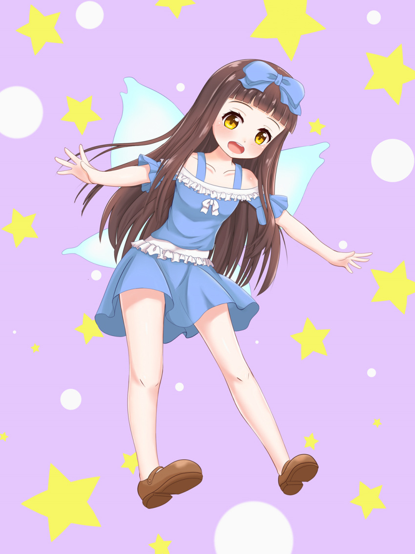 1girl blue_dress bow brown_eyes brown_hair commentary_request dress fairy fairy_wings flying full_body hair_bow highres legs long_hair open_mouth outstretched_arms p.w. ribbon short_dress smile solo star_sapphire touhou wings