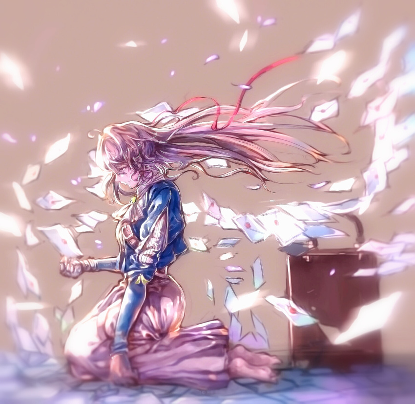 1girl blonde_hair blue_jacket braid briefcase brooch cobblestone envelope hair_between_eyes hair_intakes hair_lift hair_ribbon highres jacket jewelry kneeling leesss letter mechanical_arms mechanical_hand mechanical_hands prosthesis prosthetic_arm prosthetic_hand red_ribbon ribbon road street suitcase violet_evergarden violet_evergarden_(character) white_neckwear