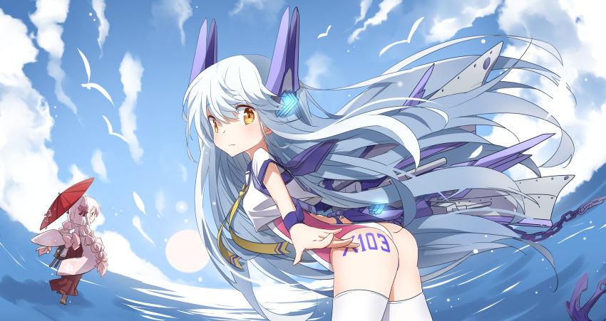 1girl absurdres anchor ass bent_over chains crop_top day highres le_fantasque_(zhan_jian_shao_nyu) lizi long_hair looking_at_viewer mechanical_ears ocean one-piece_swimsuit oriental_umbrella outdoors shirt short_sleeves sky solo_focus steelblue_mirage swimsuit swimsuit_under_clothes thigh-highs umbrella very_long_hair white_hair white_legwear white_shirt yellow_eyes zhan_jian_shao_nyu