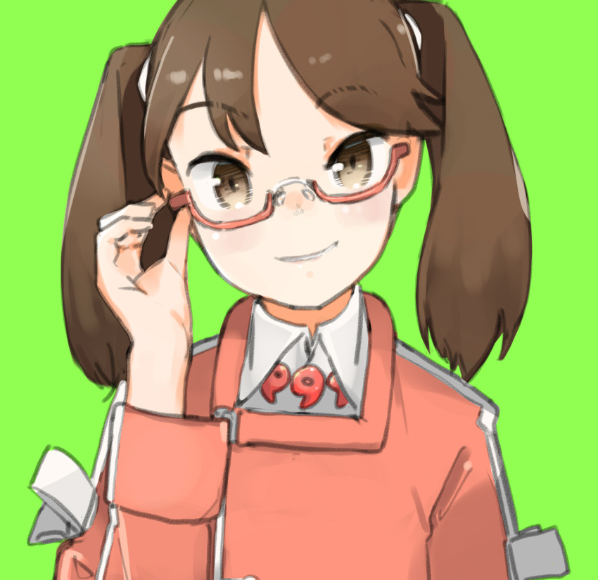 1girl adjusting_eyewear brown_eyes brown_hair co_botan commentary_request green_background hand_up head_tilt highres kantai_collection light_blush long_sleeves looking_at_viewer magatama medium_hair ryuujou_(kantai_collection) semi-rimless_eyewear simple_background sketch_eyebrows slit_pupils solo under-rim_eyewear upper_body