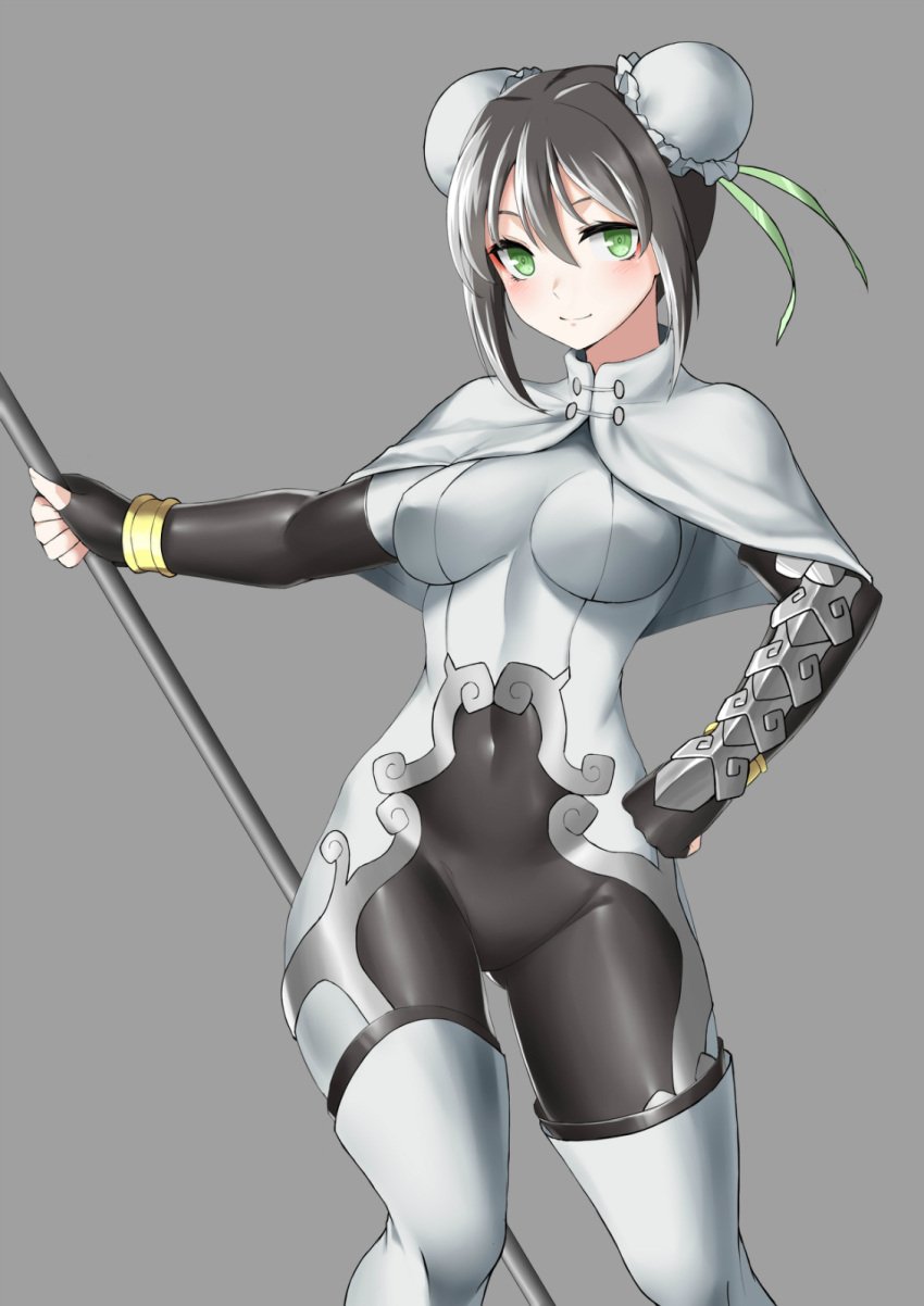 1girl black_hair bodysuit breasts bun_cover capelet chinese_clothes covered_navel da_chu_z_jun double_bun fate/grand_order fate_(series) fingerless_gloves gloves green_eyes grey_background highres holding holding_staff looking_at_viewer medium_breasts qin_liangyu_(fate) short_hair simple_background solo staff standing white_capelet