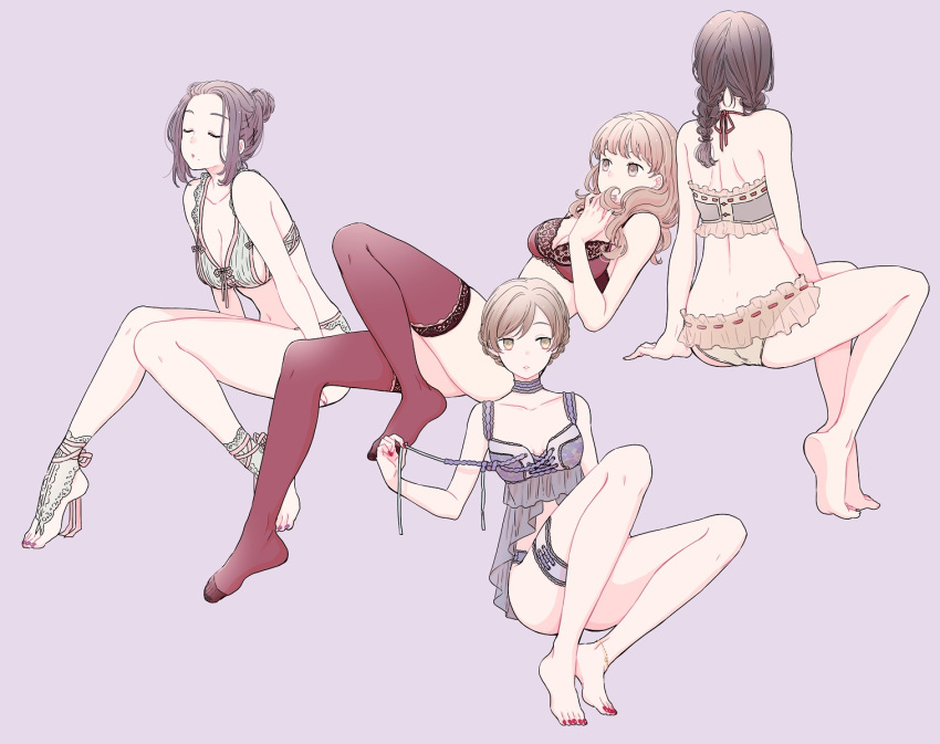 4girls ass babydoll bare_arms bare_legs bare_shoulders barefoot bra breasts bridal_legwear brown_bra brown_eyes brown_hair brown_panties collarbone commentary english_commentary feet highres lace lace-trimmed_thighhighs light_brown_hair lingerie long_hair maru_(memoriatechnica) multiple_girls no_shoes original panties purple_background red_bra red_legwear red_neckwear ribbon-trimmed_bra ribbon-trimmed_panties ribbon_trim see-through simple_background small_breasts thigh-highs toenail_polish toenails underwear underwear_only white_bra white_panties