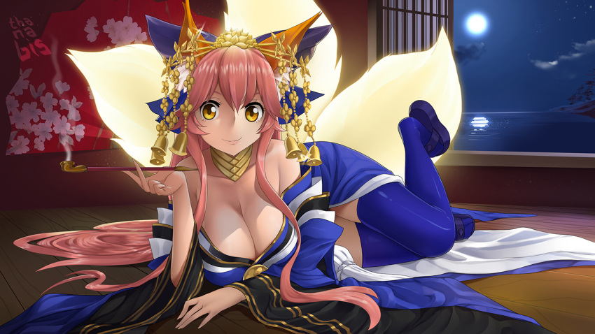 1girl animal_ear_fluff animal_ears bare_shoulders blue_kimono blue_legwear breasts cleavage collarbone fate/extra fate/grand_order fate_(series) fox_ears fox_girl fox_tail full_moon indoors japanese_clothes kimono large_breasts light_smile long_hair looking_at_viewer lying moon multiple_tails nature ocean on_stomach pink_hair smoking solo tail tamamo_(fate)_(all) tamamo_no_mae_(fate) thanabis very_long_hair yellow_eyes