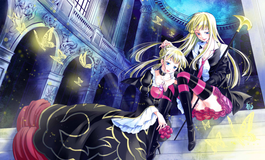 2girls absurdres beatrice blonde_hair blue_eyes boots bug butterfly cane column dress dual_persona hair_bun highres insect knee_boots long_hair momoyama_hinase multiple_girls necktie pillar sitting skirt smile stairs striped striped_legwear thigh-highs umineko_no_naku_koro_ni waistcoat wide_sleeves