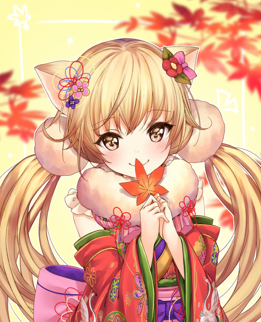 1girl animal_ears bangs blonde_hair blurry blush bow brown_eyes catbell closed_mouth depth_of_field detached_sleeves eyebrows_visible_through_hair flower fur_collar hair_bow hair_flower hair_ornament hands_up head_tilt highres holding holding_leaf japanese_clothes kimono leaf long_hair long_sleeves looking_at_viewer maple_leaf obi original pink_bow print_kimono red_flower red_kimono sash smile solo twintails upper_body wide_sleeves