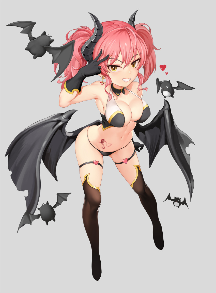 1girl absurdres bangs bare_shoulders bat black_footwear black_gloves black_panties blush boots breasts closed_eyes demon_girl demon_horns demon_wings detached_collar earrings eyelashes full_body gloves grin hair_between_eyes hand_gesture heart highres hips horns hpb8642 idolmaster idolmaster_cinderella_girls jewelry jougasaki_mika knee_boots legs long_hair looking_at_viewer medium_breasts navel panties pink_hair sidelocks simple_background smile solo stomach_tattoo succubus tattoo thigh_strap thighs twintails underwear v wings yellow_eyes